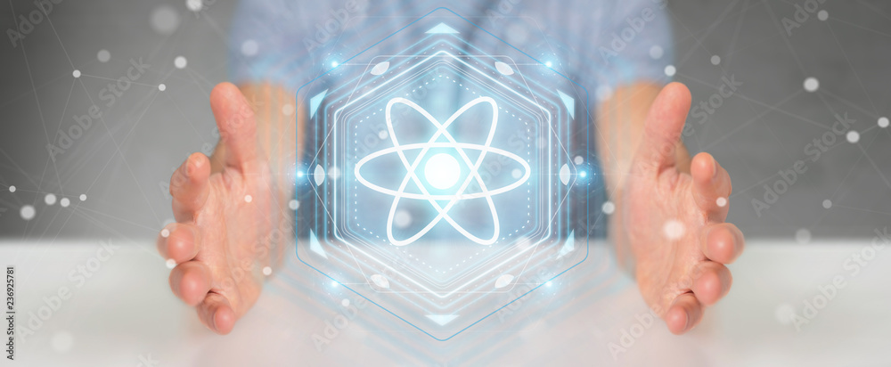 Poster businessman using modern molecule structure 3d rendering