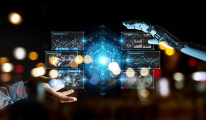 White cyborg hand using digital datas interface 3D rendering