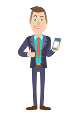 Businessman holding mobile phone and showing thumb up