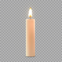 Aromatic wax round spa candle with burning flame light isolated on transparent background. Vector 3D realistic candlelight element design.