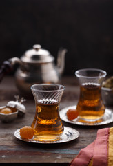 Two cup of turkish tea, close view selective focus