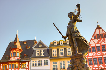 Old town square Romerberg with Justitia statue in Frankfurt Main, Germany with clear sky