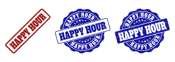 HAPPY HOUR grunge stamp seals in red and blue colors. Vector HAPPY HOUR marks with grunge surface. Graphic elements are rounded rectangles, rosettes, circles and text captions.