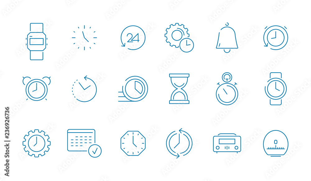 Poster clock pictogram set. fast time management computer timing calendar vector thin line icon collection.