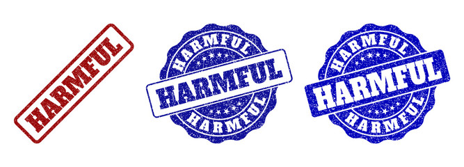 HARMFUL grunge stamp seals in red and blue colors. Vector HARMFUL signs with grunge style. Graphic elements are rounded rectangles, rosettes, circles and text captions.