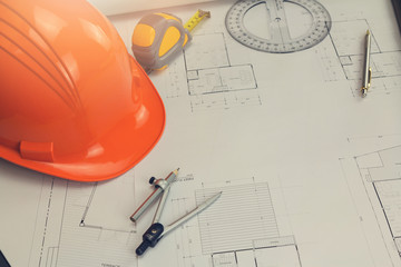 Engineer and Architect concept, Engineer Architects office team working with blueprints