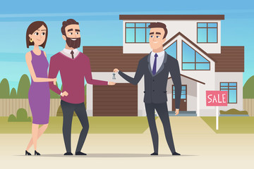Real estate concept. Family couple buying new house or big appartment sales manager hands over the keys vector characters. Family mortgage, buy property, selling building illustration