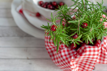 Rosemary decorated for christmas with cranberries