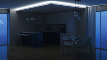 Modern house interior. Evening lighting. Night. 3D rendering.