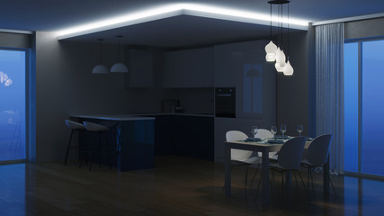 Modern house interior. Evening lighting. Night. 3D rendering.