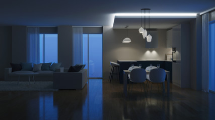 Modern house interior. Evening lighting. Night. 3D rendering.