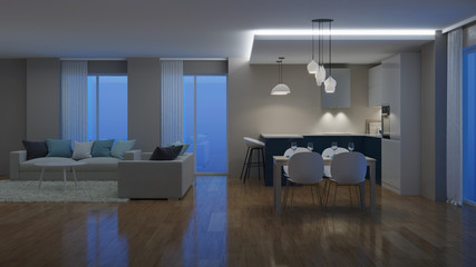 Modern house interior. Evening lighting. Night. 3D rendering.