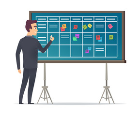 Business schedule board. Businessman standing near checklist and planning teams work plans calendar management vector concept. Businessman plan, business schedule and calendar board illustration