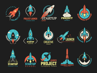 Startup logo. Business launch perfect idea spaceship rocket shuttle startup symbols vector colored badges. Illustration of rocket and spaceship, shuttle startup © ONYXprj