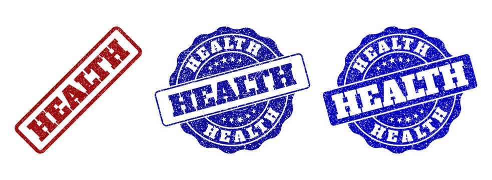 HEALTH grunge stamp seals in red and blue colors. Vector HEALTH marks with grunge texture. Graphic elements are rounded rectangles, rosettes, circles and text labels.