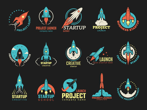 Startup logo. Business launch perfect idea spaceship rocket shuttle startup symbols vector colored badges. Illustration of rocket and spaceship, shuttle startup