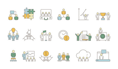 Business team symbols. Office work of peoples group organization coworking leader crowd vector colored thin icons. Leader of group, work team connect illustration