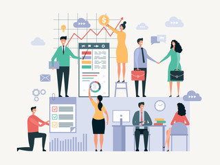 Business team working. Office managers businessmen make together some group work vector abstract oversize characters. Illustration of office group woman and man teamwork meeting