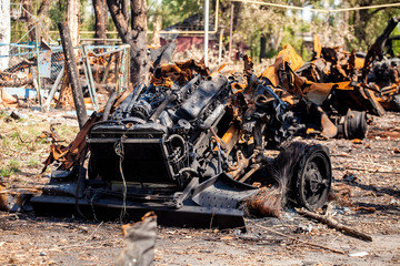 burned-out vehicles, War actions aftermath, Ukraine and Donbass conflict