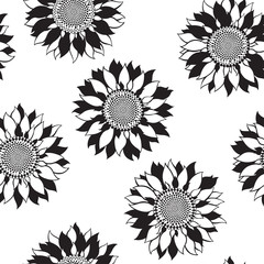 Seamless pattern with sunflowers. Abstract floral background. Black and white vector illustration.