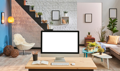 Modern home decoration with desktop screen close up interior.