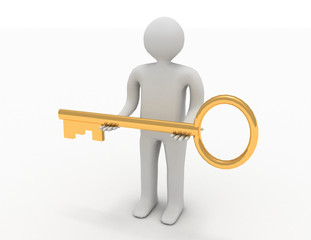 3d man with big key. rendered illustration
