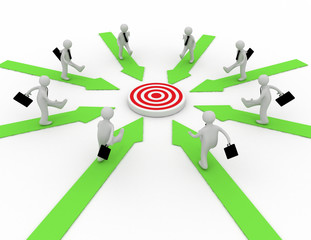 Businessmen are running on arrows pointing to a target at the center. 3d rendered illustration