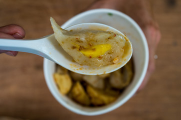 Pempek Palembang - fishcake delicacy from Palembang, Sumatra, Indonesia - centered.