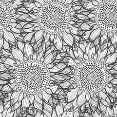 Seamless pattern with sunflowers. Abstract floral background. Black and white vector illustration. Contour drawing.
