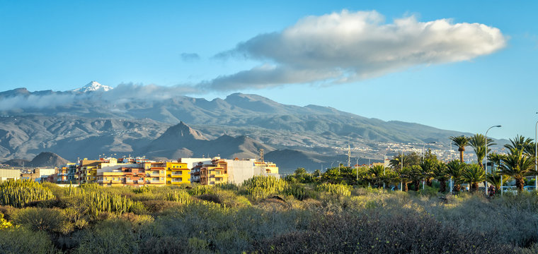 Morning panorama landscape on Tenerife mountains with snowy volcano