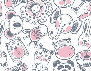 Seamless pattern with cute animal heads endless background