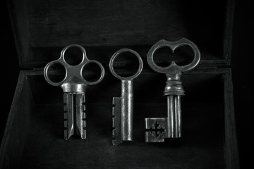 Old metal keys. Retro style. Black white photo