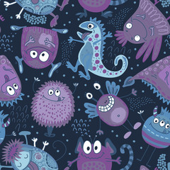 Colorful vector seamless pattern with funny monsters
