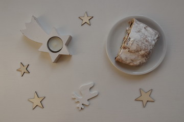 High angle view of Christmas items on white background