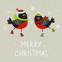 Winter greeting card with cute bullfinches