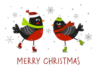 Winter greeting card with cute bullfinches