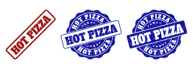 HOT PIZZA grunge stamp seals in red and blue colors. Vector HOT PIZZA overlays with grunge effect. Graphic elements are rounded rectangles, rosettes, circles and text titles.