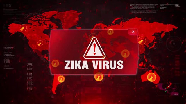 Zika Virus Alert Warning Message Attack on World map. Wire frame Radar Network Seamless loop Motion Background. UI Elements HUD Sci Fi interface.