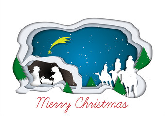Merry Christmas and Happy New Year. Illustration of jesus birth, paper art and digital craft style, Christmas background with white copy space for text or messages for the New Year.