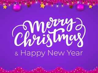 Fototapeta na wymiar Merry Christmas and Happy New Year postcard in trendy pink and purple colors.