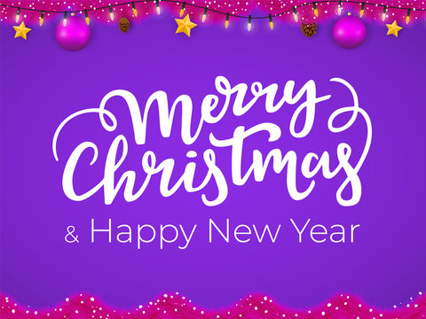 Merry Christmas and Happy New Year postcard in trendy pink and purple colors.