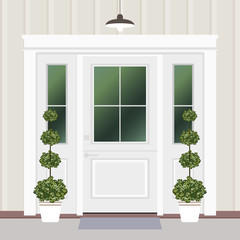 House door front with doorstep and mat, window, lamps, flowers, entry facade building, exterior entrance design illustration vector in flat style