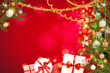Red bright fairy background template with beautiful Christmas tree branches, Holiday decorations and lettering. Christmas gifts, balls, stars, golden tinsel and confetti.