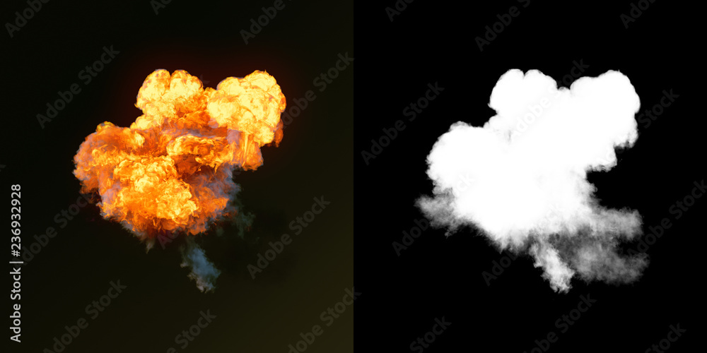Poster Large explosion with black smoke in dark plus alpha channel. 3d rendering