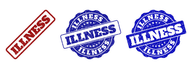 ILLNESS scratched stamp seals in red and blue colors. Vector ILLNESS labels with distress effect. Graphic elements are rounded rectangles, rosettes, circles and text labels.