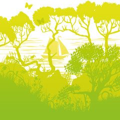 Segelschiff an einer felsigen Küste am Mittelmeer 