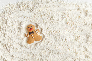 Fototapeta na wymiar Funny gingerbread man lies in flour