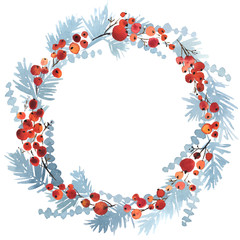 Watercolor Christmas wreath of blue spruce red holly berries - 236934501