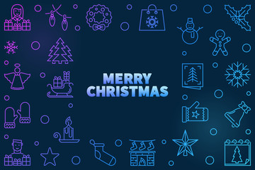 Vector Merry Christmas colored illustration. Xmas horizontal bright outline frame with dark background