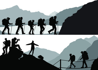 Silhouettes of mans and womans in hike against the background of wild nature